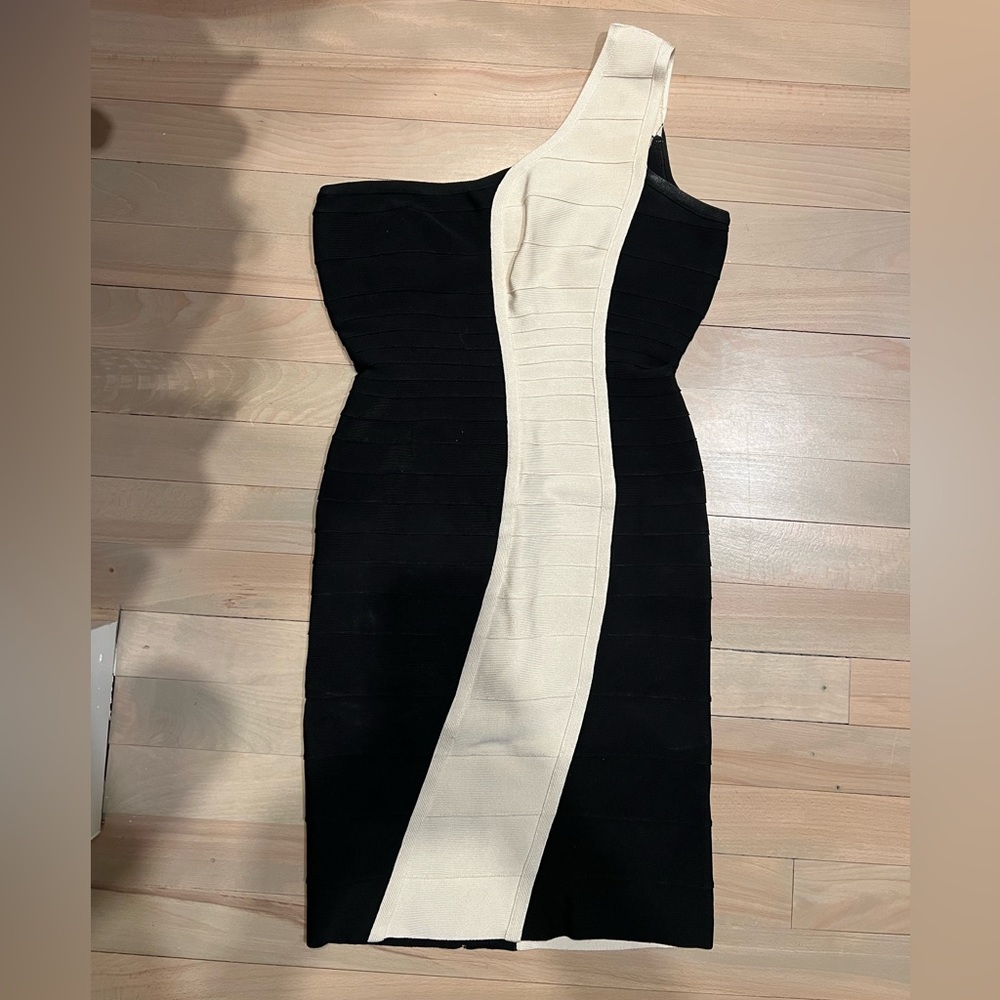 Black and White Asymmetrical Herve Leger dress